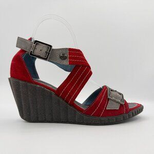 MAG Creative Footwear Red Grey Suede Leather Wedge Sandals Funky 37